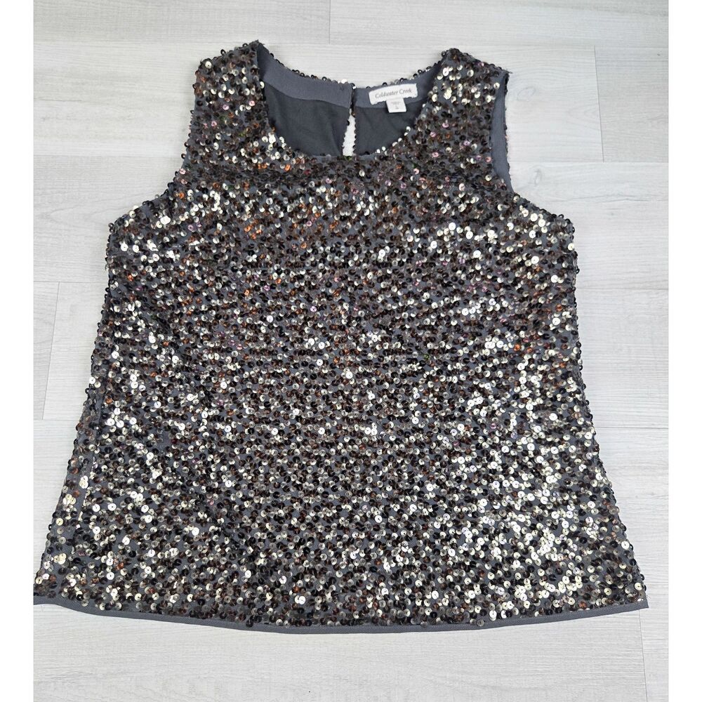 Coldwater Creek Metallic Sequin Sleeveless Top Womens L 14 Grey Keyhole Back